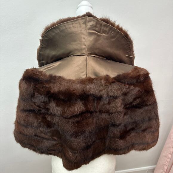 Vintage Brown Mink Fur Stole Capelet Shawl Wrap Union Label Satin Lined - Picture 7 of 16